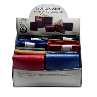 Purses in portrait and landscape format, colorful in the display, leather, PU10