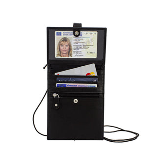 Pochette tour de cou en cuir avec protection anti-scan RFID NFC testée par le TÜV